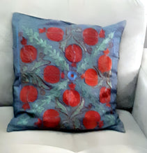Load image into Gallery viewer, Suzani hand-embroidered cushion cover - grey with pomegranate pattern