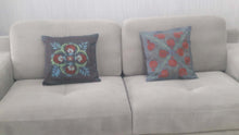 Ladda upp bild till gallerivisning, Suzani hand-embroidered cushion cover - grey with pomegranate pattern
