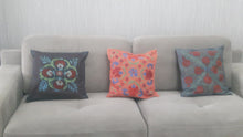 Indlæs billede til gallerivisning Suzani hand-embroidered cushion cover with Ikat fabric at the back