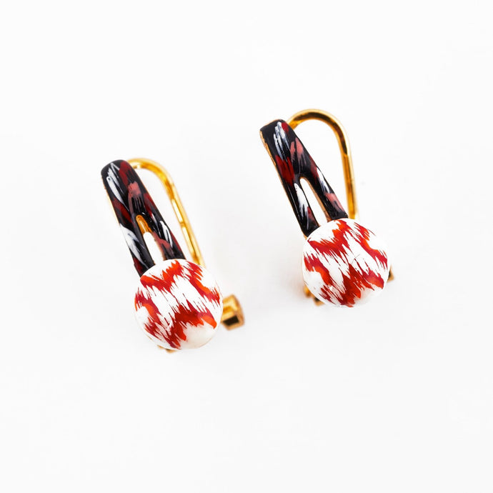 Gold earrings with traditional Ikat pattern (red, white & gold)